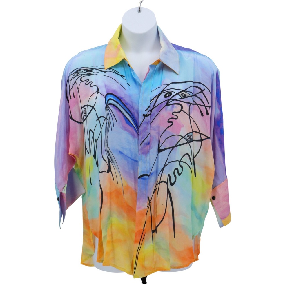 Dilemma New York Watercolor Abstract Art To Wear Viscose Button Front Blouse OS